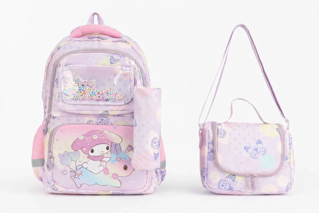 [TORAZ1-U-MULTICELESTE] Mochila cuatro cierres y abrojo 3 piezas kuromi (lonhera y cartuchera) (MULTICELESTE)