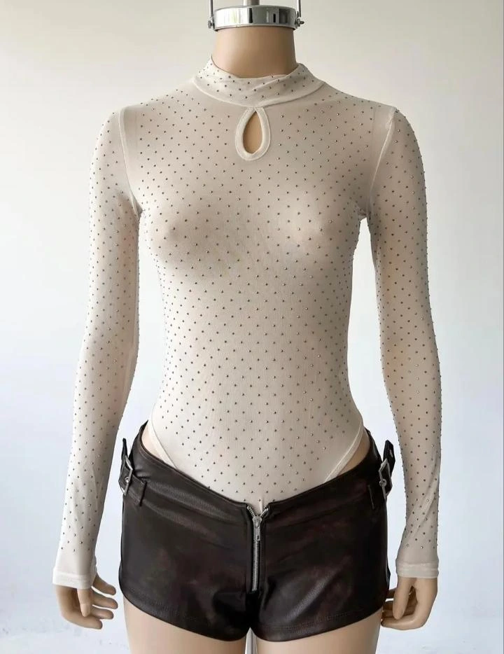 [1906A-U-NEGRO] BODY POLERA MANGA LARGA STRAS ABERTURA GOTA  (Negro)