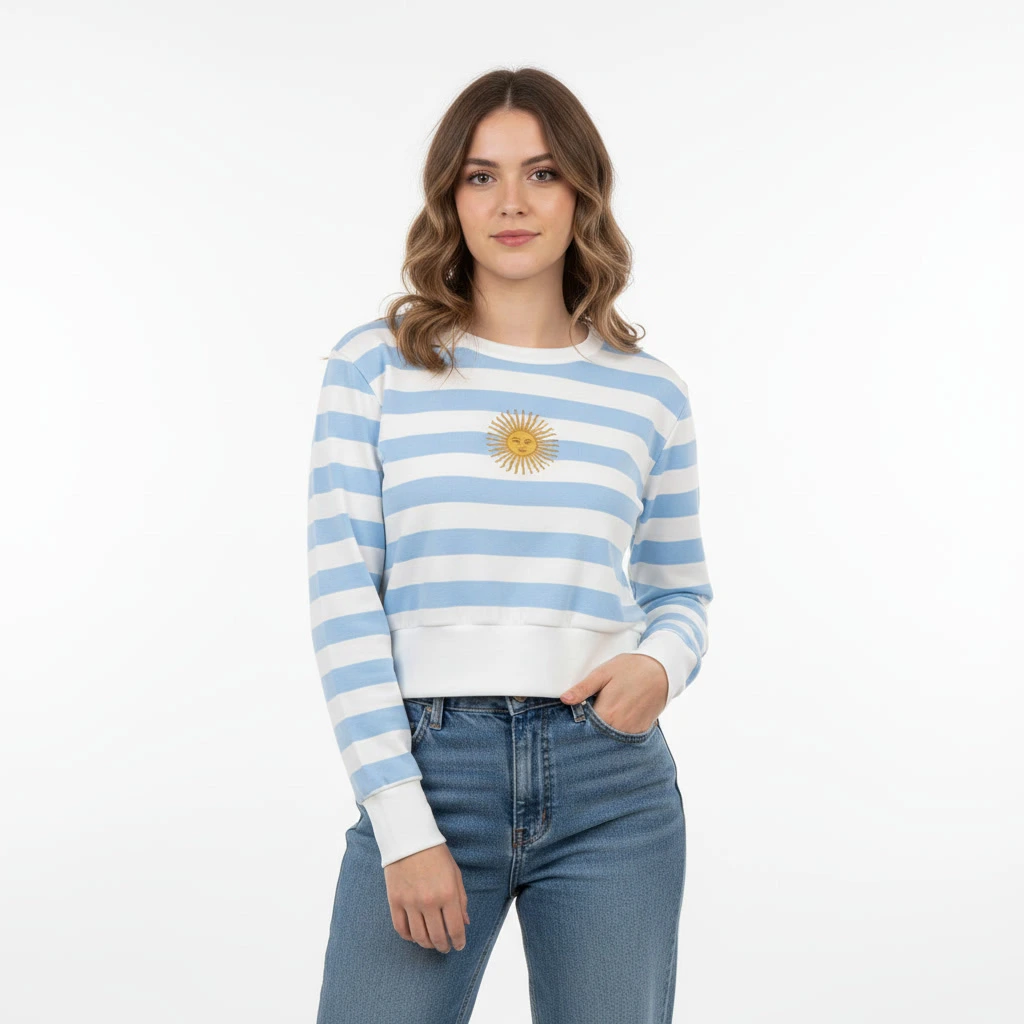 [ZORI1-S-CELESTE] Buzo Cropped Mujer Rayado Celeste y Blanco Sol Argentina Manga Larga (S, Celeste)