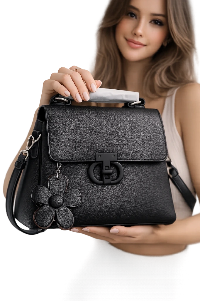 [4096-U-NEGRO] CARTERA 3 COMP DIJE FLOR CORREA TEXTURA  (Negro)